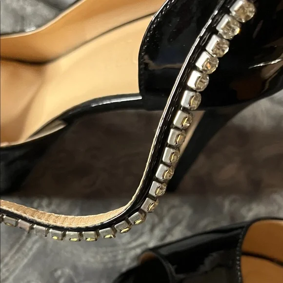 Black Patent Peep-Toe Platform 6 inch Heels with Rhinestone Ankle Strap - Picture 4 of 16